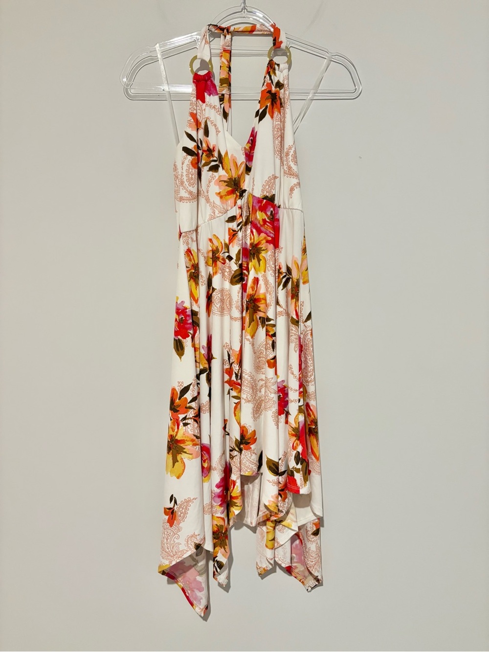 Venus floral O Ring asymmetrical handkerchief hem dress white size medium